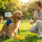 golden retriever wearing a blue vest being trained by a woman with a water bottle demonstrating summer dog training safety.