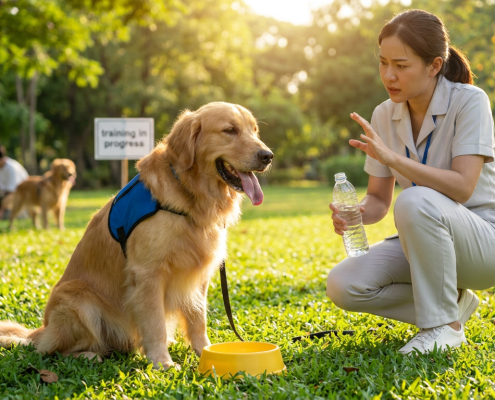 golden retriever wearing a blue vest being trained by a woman with a water bottle demonstrating summer dog training safety.