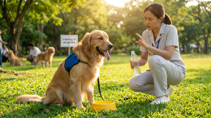 golden retriever wearing a blue vest being trained by a woman with a water bottle demonstrating summer dog training safety.