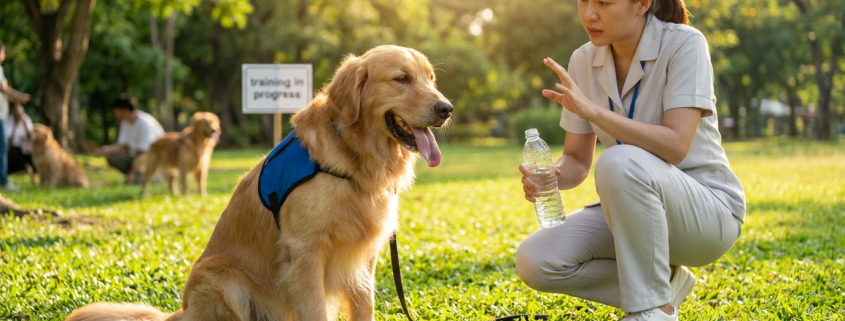 golden retriever wearing a blue vest being trained by a woman with a water bottle demonstrating summer dog training safety.