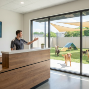 Summer Daycare Enrollment What Changes to Expect in June 2026 receptionist at a dog daycare gesturing towards a play area with several dogs, displaying summer dog daycare enrollment information.