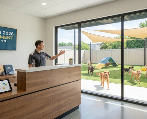 receptionist at a dog daycare gesturing towards a play area with several dogs, displaying summer dog daycare enrollment information.