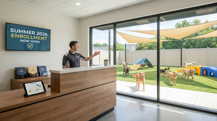 receptionist at a dog daycare gesturing towards a play area with several dogs, displaying summer dog daycare enrollment information.