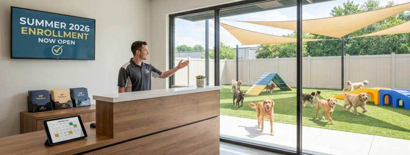 receptionist at a dog daycare gesturing towards a play area with several dogs, displaying summer dog daycare enrollment information.