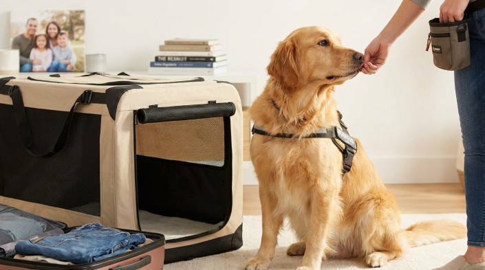 golden retriever getting a treat next to an open soft crate, ready for dog vacation training.