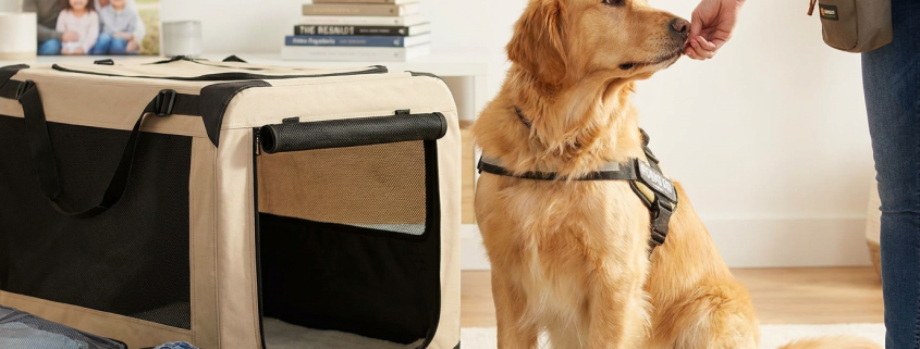 golden retriever getting a treat next to an open soft crate, ready for dog vacation training.
