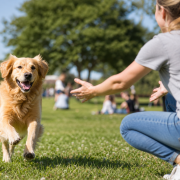 Implementing Effective Recall Commands for Dogs Enjoying Summer Park Visits golden retriever running towards a person with outstretched arms in a grassy park demonstrating dog recall at the park