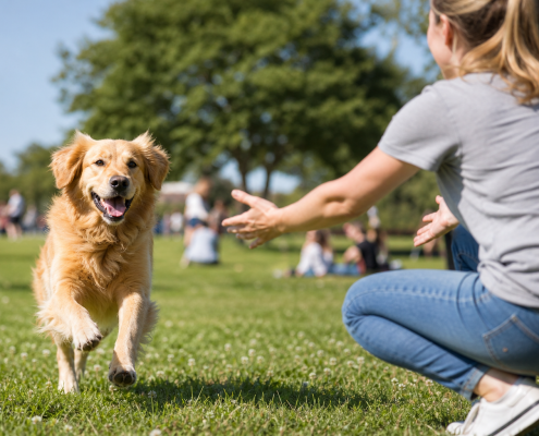 golden retriever running towards a person with outstretched arms in a grassy park demonstrating dog recall at the park