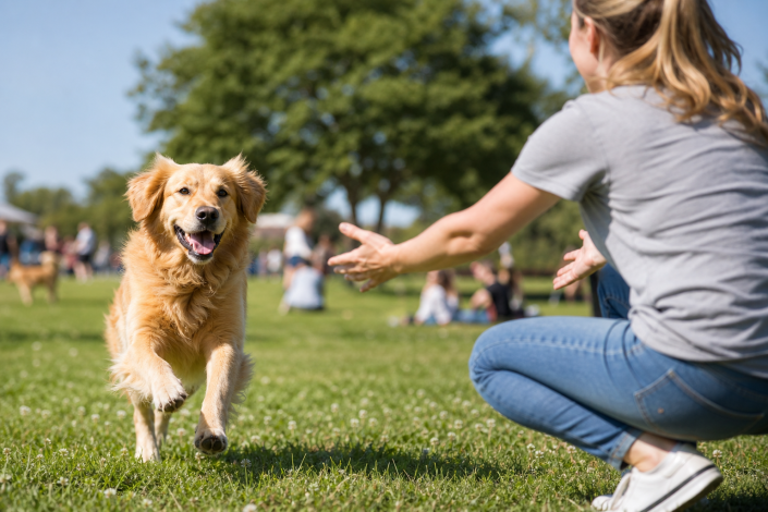 golden retriever running towards a person with outstretched arms in a grassy park demonstrating dog recall at the park