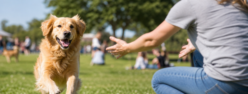 golden retriever running towards a person with outstretched arms in a grassy park demonstrating dog recall at the park