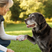 Optimizing Senior Dog Training Techniques for Age-Appropriate Progress woman holding a senior chocolate lab's paw, demonstrating senior dog training techniques.