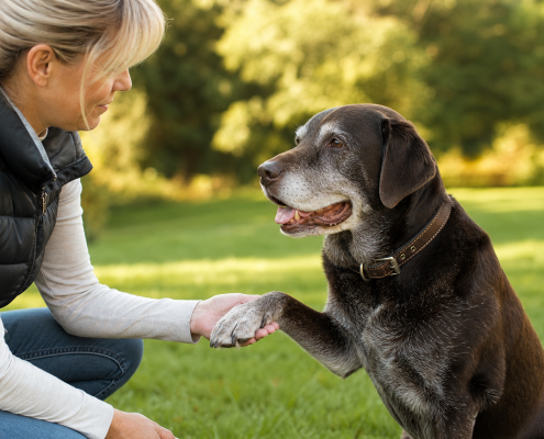 woman holding a senior chocolate lab's paw, demonstrating senior dog training techniques.