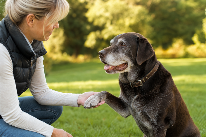 woman holding a senior chocolate lab's paw, demonstrating senior dog training techniques.