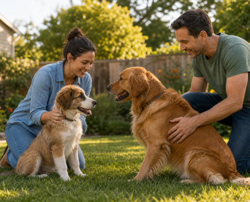 young couple with two dogs, working on dog training new family to integrate dog family summer dog training.