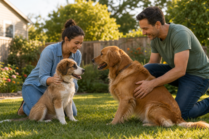 young couple with two dogs, working on dog training new family to integrate dog family summer dog training.
