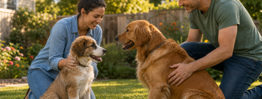 young couple with two dogs, working on dog training new family to integrate dog family summer dog training.