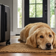 The Professional’s Guide to Addressing Separation Anxiety After Summer Vacations a golden retriever lying on a mat next to a suitcase, looking sadly at the camera, evoking dog separation anxiety after vacation.