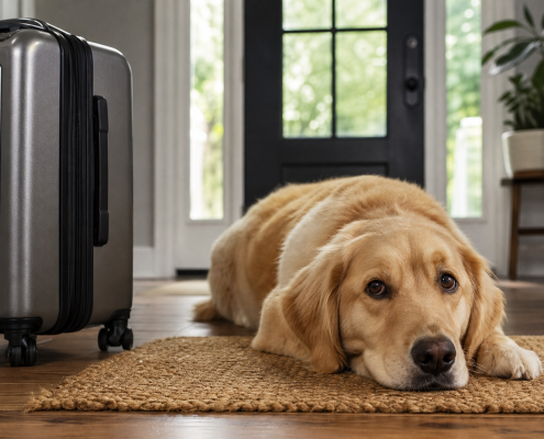 a golden retriever lying on a mat next to a suitcase, looking sadly at the camera, evoking dog separation anxiety after vacation.