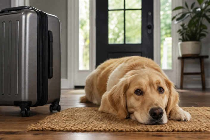 a golden retriever lying on a mat next to a suitcase, looking sadly at the camera, evoking dog separation anxiety after vacation.