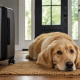 a golden retriever lying on a mat next to a suitcase, looking sadly at the camera, evoking dog separation anxiety after vacation.