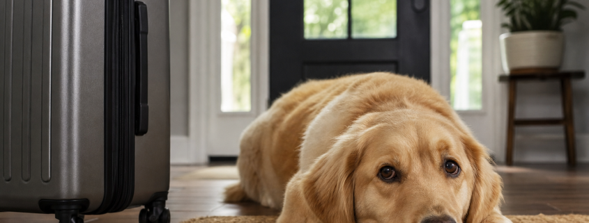 a golden retriever lying on a mat next to a suitcase, looking sadly at the camera, evoking dog separation anxiety after vacation.