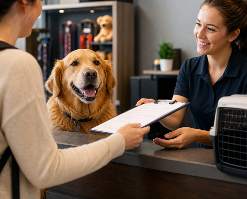 customer handing paperwork to pet boarding staff with golden retriever and dog crate nearby, discussing dog boarding requirements for travel
