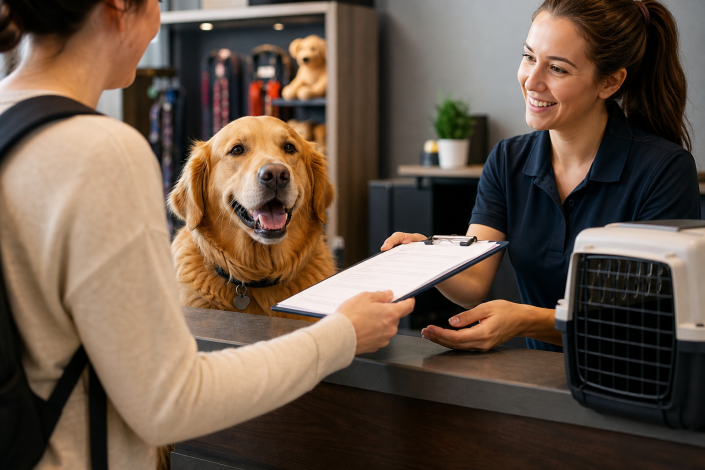 customer handing paperwork to pet boarding staff with golden retriever and dog crate nearby, discussing dog boarding requirements for travel