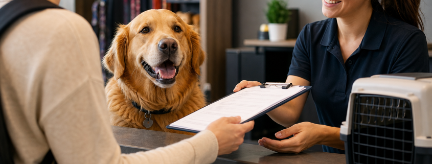 customer handing paperwork to pet boarding staff with golden retriever and dog crate nearby, discussing dog boarding requirements for travel