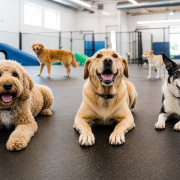 Back to School Routines Why Dogs Need Daycare Structure in August 2026 happy dogs of different breeds relaxing in a spacious indoor dog daycare structure.