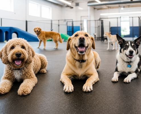 happy dogs of different breeds relaxing in a spacious indoor dog daycare structure.