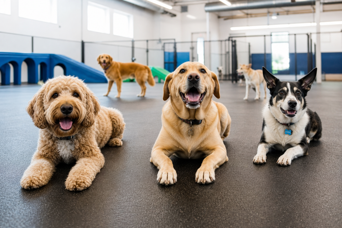 happy dogs of different breeds relaxing in a spacious indoor dog daycare structure.