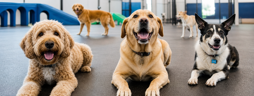 happy dogs of different breeds relaxing in a spacious indoor dog daycare structure.