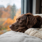 brown dog covered in a cream blanket looking out a rainy autumn window, showing dog transition anxiety signs.