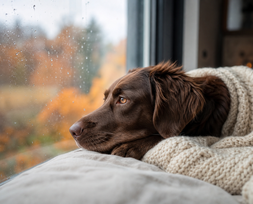 brown dog covered in a cream blanket looking out a rainy autumn window, showing dog transition anxiety signs.