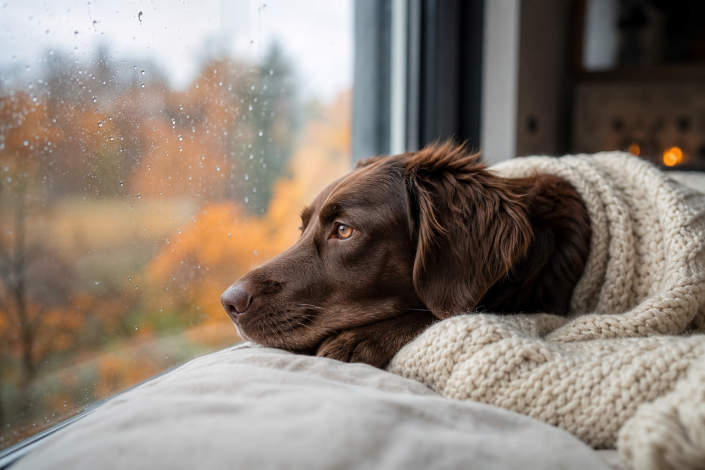 brown dog covered in a cream blanket looking out a rainy autumn window, showing dog transition anxiety signs.