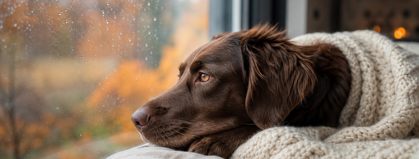 brown dog covered in a cream blanket looking out a rainy autumn window, showing dog transition anxiety signs.