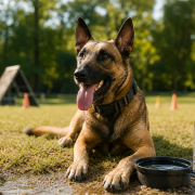 Heat Management in Dog Training Sessions Adjusting Techniques for Late Summer Conditions panting malinois dog with water bowl and bottle for summer dog training heat management