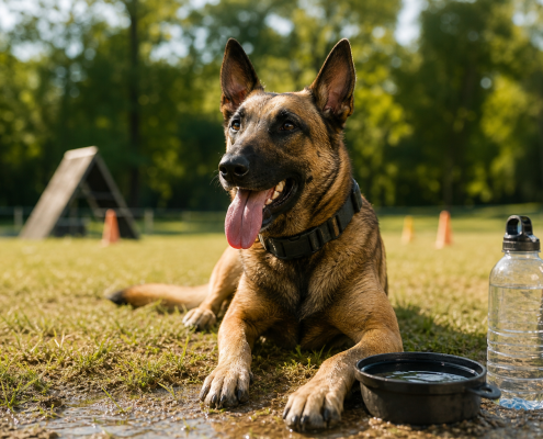 panting malinois dog with water bowl and bottle for summer dog training heat management