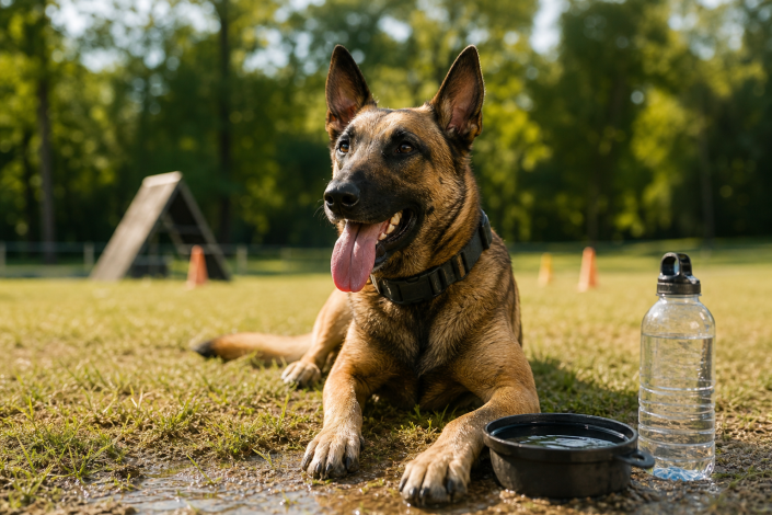 panting malinois dog with water bowl and bottle for summer dog training heat management