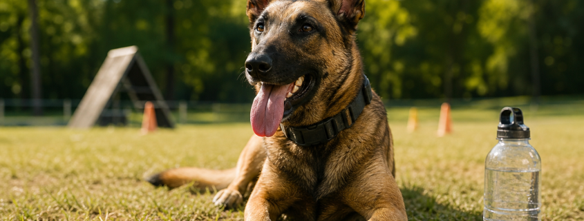 panting malinois dog with water bowl and bottle for summer dog training heat management