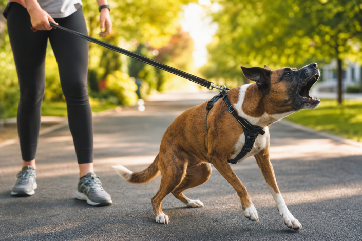 person holding leash while reactive dog barks and pulls, demonstrating reactive dog leash training.