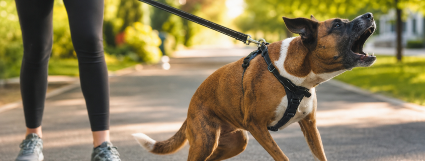 person holding leash while reactive dog barks and pulls, demonstrating reactive dog leash training.
