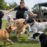 Managing Multiple Dogs in Daycare Settings Preventing Conflict During August Peak Hours attendant intervening during dog daycare conflict prevention as two dogs snap.