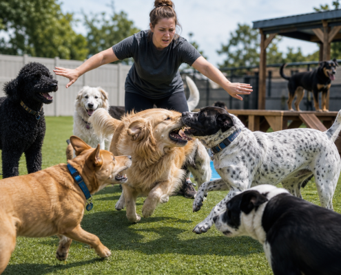 attendant intervening during dog daycare conflict prevention as two dogs snap.