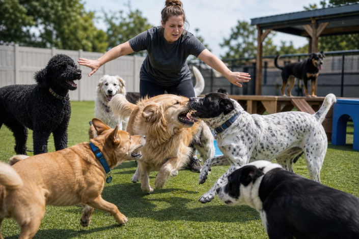 attendant intervening during dog daycare conflict prevention as two dogs snap.