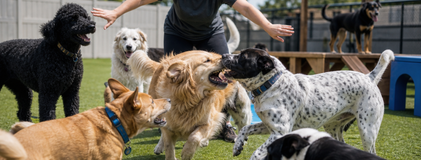 attendant intervening during dog daycare conflict prevention as two dogs snap.