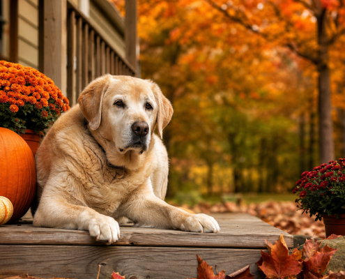 golden labrador lying on a porch with pumpkins and mums, enjoying the senior dog fall routine.