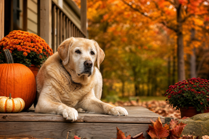 golden labrador lying on a porch with pumpkins and mums, enjoying the senior dog fall routine.