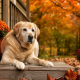 golden labrador lying on a porch with pumpkins and mums, enjoying the senior dog fall routine.
