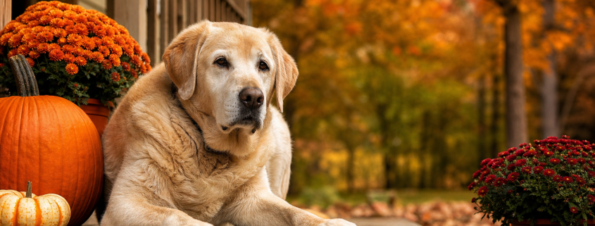 golden labrador lying on a porch with pumpkins and mums, enjoying the senior dog fall routine.